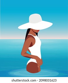 Digital illustration of a beautiful girl in a hat and white swimsuit resting on vacation swims and sunbathes in the ocean