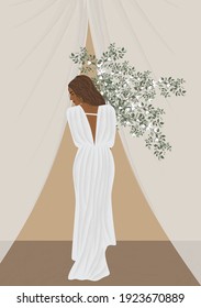 Digital illustration of a beautiful girl model in a white evening summer dress posing with a large bouquet of flowers in her hands