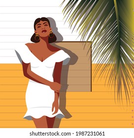 Digital illustration of a beautiful girl in summer in a white dress on vacation is photographed against the background of a palm tree