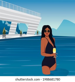 Digital illustration of a beautiful girl in the summer on vacation in the tropics swims in the pool with a glass of champagne in a villa against the backdrop of a mountain landscape