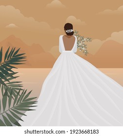 Digital illustration of a beautiful girl in a white evening dress posing against the backdrop of a nature landscape with flowers in her hands