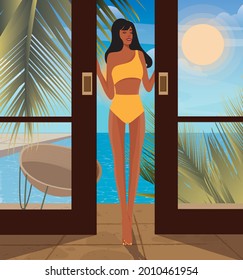 Digital illustration of a beautiful happy girl in a yellow swimsuit in summer resting on vacation in a villa with a pool and an ocean view