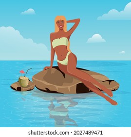 Digital illustration of a beautiful slim blonde girl in a bikini resting on vacation at a resort posing on a stone with a coconut