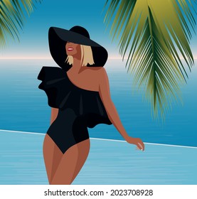 Digital illustration of a beautiful stylish girl in a black swimsuit and black hat on a summer vacation on the island