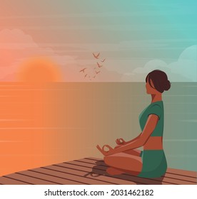 Digital illustration of a beautiful yogi girl on vacation in bali doing yoga on a hakata background meditating relax retreat