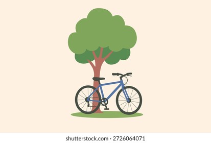 Digital illustration of a bicycle parked next to a tree in a natural and urban environment. Symbolizes sustainability, active lifestyle, and respect for the environment.