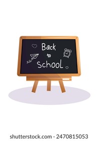 A digital illustration of a black chalkboard on an easel with a handwritten inscription in white chalk Back to school.