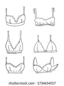Digital illustration of a black linear doodle outline of a sexy lingerie set. Print for cards, paper, fabrics, posters. Fashion  woman underwear.