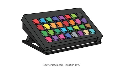 A digital illustration of a black macro keyboard with colorful square keys on a stand, isolated on a white background.
