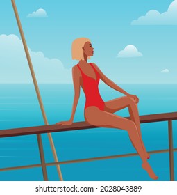 Digital illustration of a blonde girl in a red swimsuit in the summer on vacation floats on a yacht and experiences emotions of joy and happiness