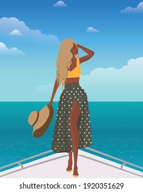 Digital illustration of a blonde girl resting on vacation posing in a beach suit for a photo on a yacht on a cruise