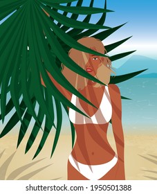 Digital illustration of a blonde girl resting in the tropics posing in a white bikini among the palm trees on the background of the ocean or sea