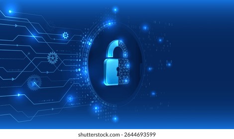 Digital illustration with a blue background depicting a lock in the center, surrounded by gears, circuits and binary code. Ideal for cybersecurity and data protection topics.