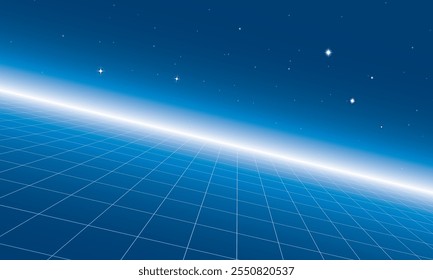 A digital illustration of a blue grid extending to a glowing horizon under a starry sky, perfect for sci-fi, tech, or futuristic themes.