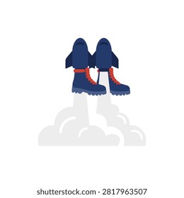 Digital illustration of blue rocket boots with red laces launching upwards through white smoke clouds