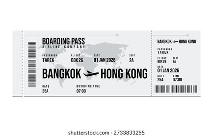 Digitale Abbildung einer Bordkarte mit Flugdaten von Bangkok nach Hong Kong.