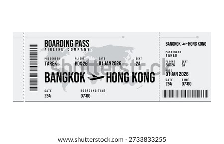 A digital illustration of a boarding pass displaying flight details from Bangkok to Hong Kong.