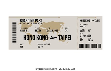 A digital illustration of a boarding pass for a flight from Hong Kong to Taipei.