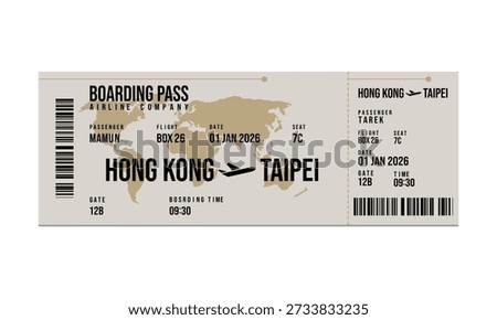 A digital illustration of a boarding pass for a flight from Hong Kong to Taipei.