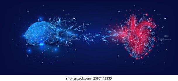 Digital Illustration of Brain and Heart Connectivity in Blue and Red with Electrical Impulses. Wireframe light connection structure. Vector illustration