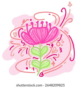 Digital illustration of a bright pink flower with an artistic and slightly abstract style.