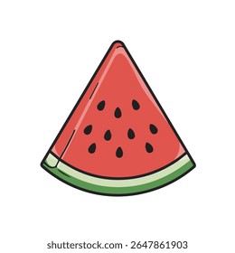 Ilustração digital de uma fatia de melancia vermelha brilhante com sementes pretas e crosta verde, representada em um estilo de desenho animado simples com sombreamento sutil e destaques em um fundo branco