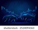  Digital illustration of a bull and bear in profile, clashing in front of a stock market chart with a world map backdrop.