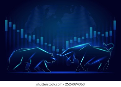  Ilustração digital de um touro e urso de perfil, entrando em choque na frente de um gráfico de mercado de ações com um fundo de mapa mundial.