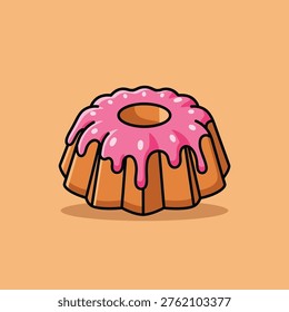a digital illustration of a bundt cake with pink icing and white sprinkles on top, sitting on a peach-colored background