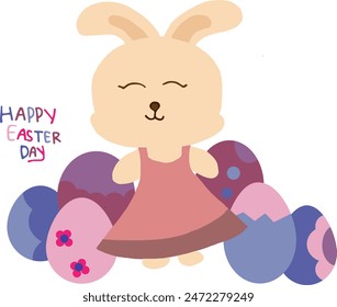 Digital illustration of a bunny with various Easter eggs, full of color and fun. Enjoy the magic and joy of Easter.