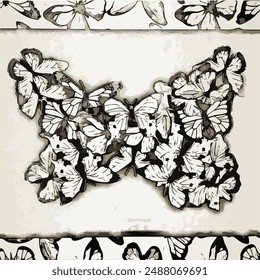 A digital illustration of a butterfly collage composed of multiple black and white butterflies against a light sepia background stylized as a parchment scroll framed with butterfly wings.