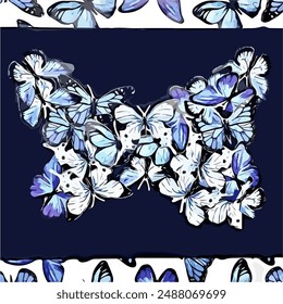 A digital illustration of a butterfly composed of multiple blue and white butterflies against a dark blue background framed with butterfly wings; can be used as a creative poster.