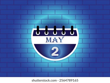 A digital illustration of a calendar page showing May 2nd.  The page is blue and white, set against a backdrop of a blue brick wall.  Clean, modern aesthetic.