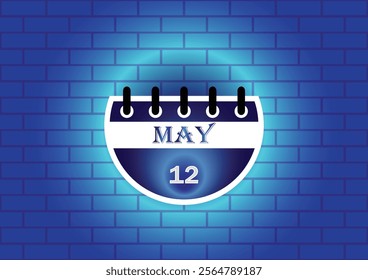 A digital illustration of a calendar page showing May 12th. The page is semi-circular and blue, set against a blue brick wall. The design is simple and modern.