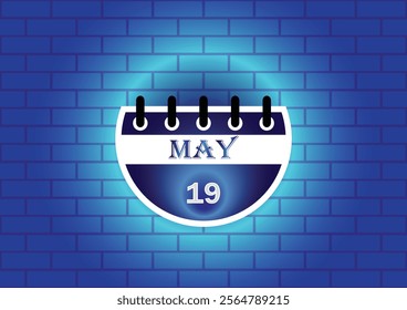 A digital illustration of a calendar page showing May 19th. The calendar is depicted against a textured blue brick wall, creating a visually appealing backdrop.