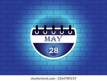 A digital illustration of a calendar page showing May 28th. The calendar is depicted against a blue brick wall background, illuminated by a soft glow, creating a visually appealing design.