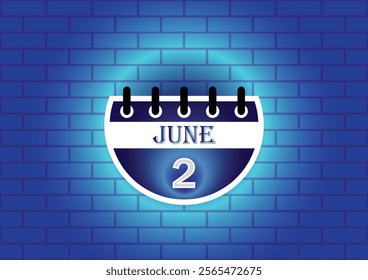 A digital illustration of a calendar page showing June 2nd.  The page is blue and white, set against a backdrop of a blue brick wall.  Clean, modern aesthetic.