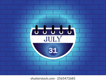 A digital illustration of a calendar page showing July 31st. The page is semi-circular and features a blue and white design, set against a textured blue brick wall.  Ideal for scheduling, reminders