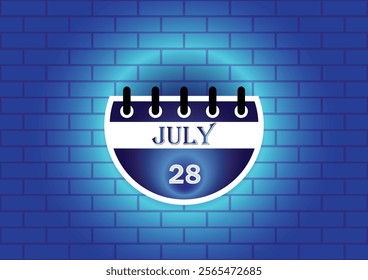 A digital illustration of a calendar page showing July 28th. The calendar is depicted against a blue brick wall background, illuminated by a soft glow, creating a visually appealing design.