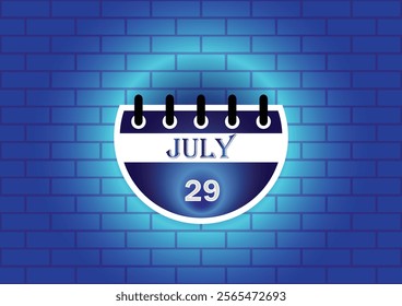 A digital illustration of a calendar page showing July 29th. The calendar is depicted against a blue brick wall background, illuminated by a soft glow, creating a visually appealing design.