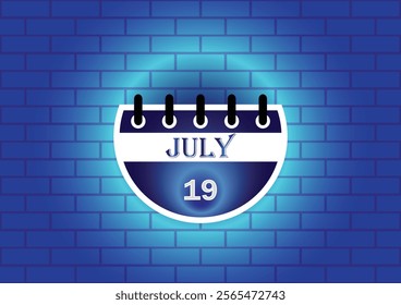 A digital illustration of a calendar page showing July 19th. The calendar is depicted against a textured blue brick wall, creating a visually appealing backdrop.