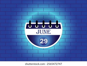 A digital illustration of a calendar page showing June 29th. The calendar is depicted against a blue brick wall background, illuminated by a soft glow, creating a visually appealing design.