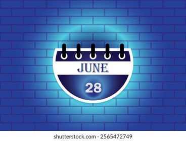 A digital illustration of a calendar page showing June 28th. The calendar is depicted against a blue brick wall background, illuminated by a soft glow, creating a visually appealing design.