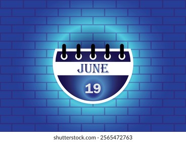 A digital illustration of a calendar page showing June 19th. The calendar is depicted against a textured blue brick wall, creating a visually appealing backdrop.