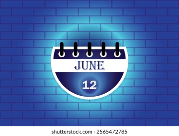 A digital illustration of a calendar page showing June 12th. The page is semi-circular and blue, set against a blue brick wall. The design is simple and modern.