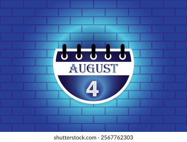 A digital illustration of a calendar page showing August 4th.  The page is blue and white, set against a backdrop of a blue brick wall.  Clean, modern aesthetic.