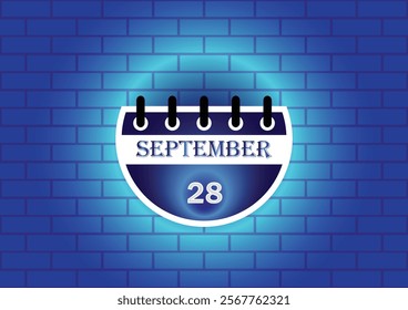 A digital illustration of a calendar page showing September 28th. The calendar is depicted against a blue brick wall background, illuminated by a soft glow, creating a visually appealing design.