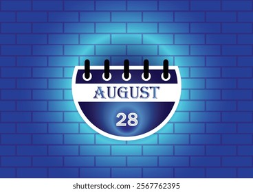 A digital illustration of a calendar page showing August 28th. The calendar is depicted against a blue brick wall background, illuminated by a soft glow, creating a visually appealing design.