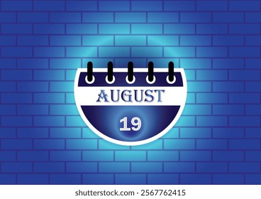 A digital illustration of a calendar page showing August 19th. The calendar is depicted against a textured blue brick wall, creating a visually appealing backdrop.