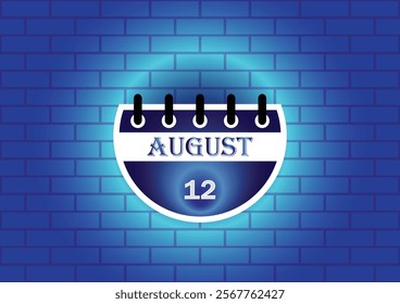 A digital illustration of a calendar page showing August 12th. The page is semi-circular and blue, set against a blue brick wall. The design is simple and modern.